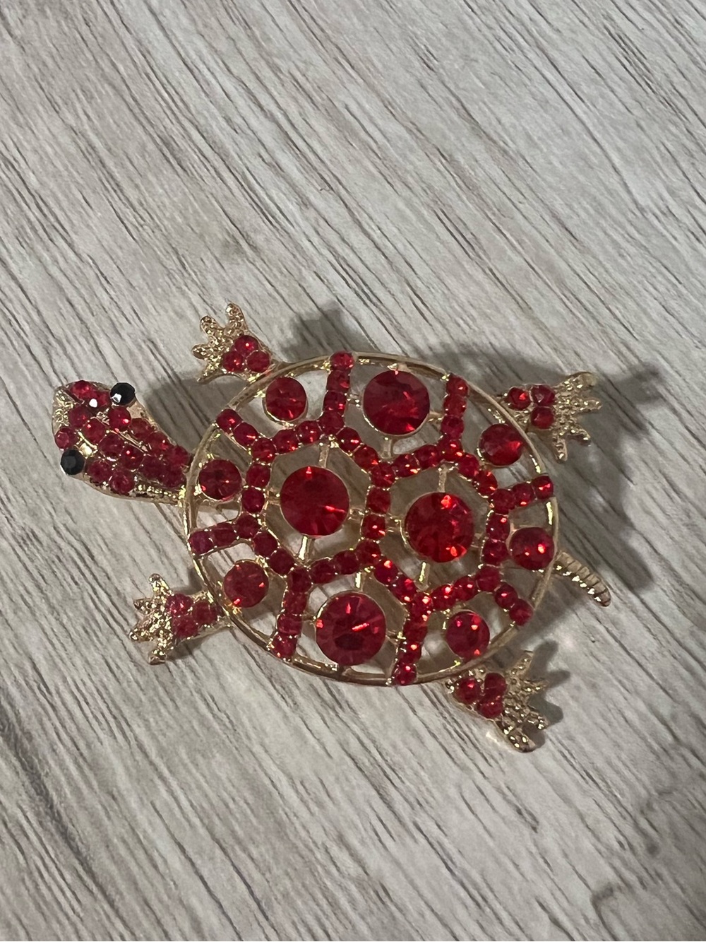 Mint Gold-Tone Turtle Brooch with Red Rhinestones